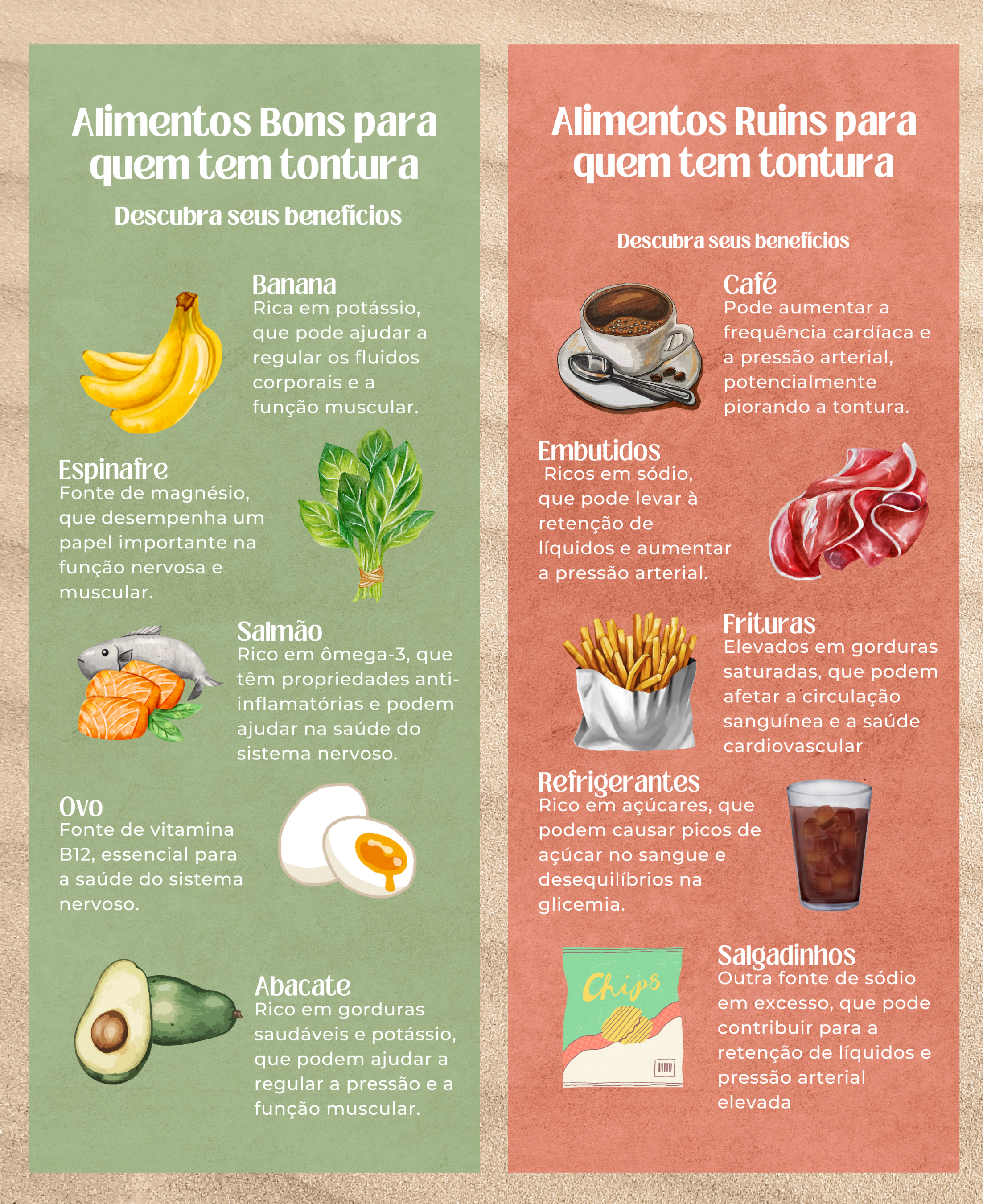 Alimentos podem ajudar ou piorar a tontura. Por isso devem ser bem escolhidos no tratamento da tontura