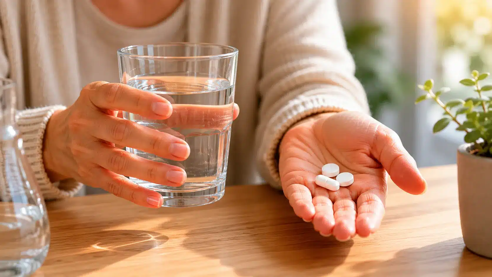 Mão segurando um copo d'água com comprimidos, representando medicamentos como possível causa de tontura ao levantar