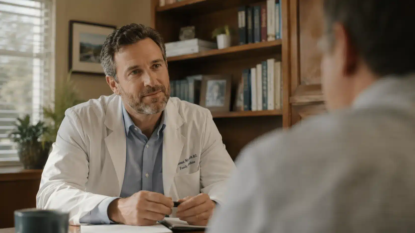Médico em consulta, ouvindo atentamente o paciente em consultório com ambiente acolhedor