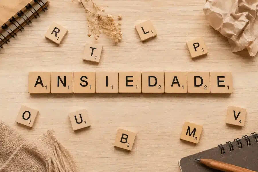 Peças de jogo de palavras formando “ANSIEDADE” sobre uma mesa de madeira, representando de forma simbólica os pensamentos acelerados e a tensão mental relacionados à ansiedade.