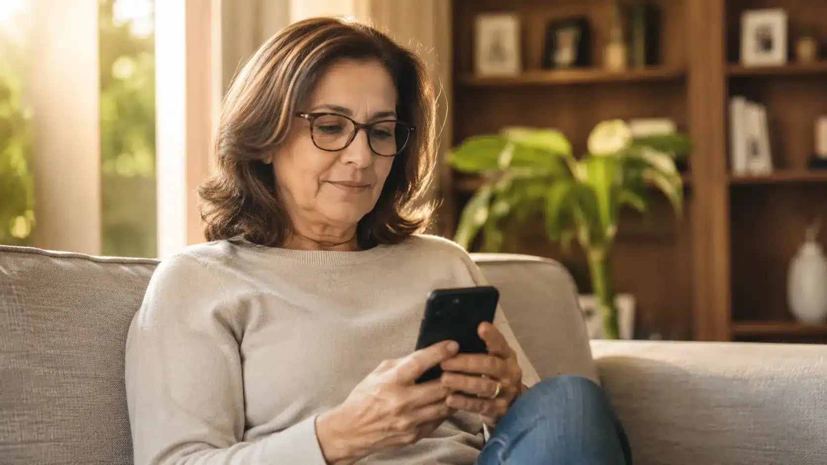 Pessoa consultando o celular de forma pensativa, representando o momento de decisão de buscar avaliação médica para tontura recorrente