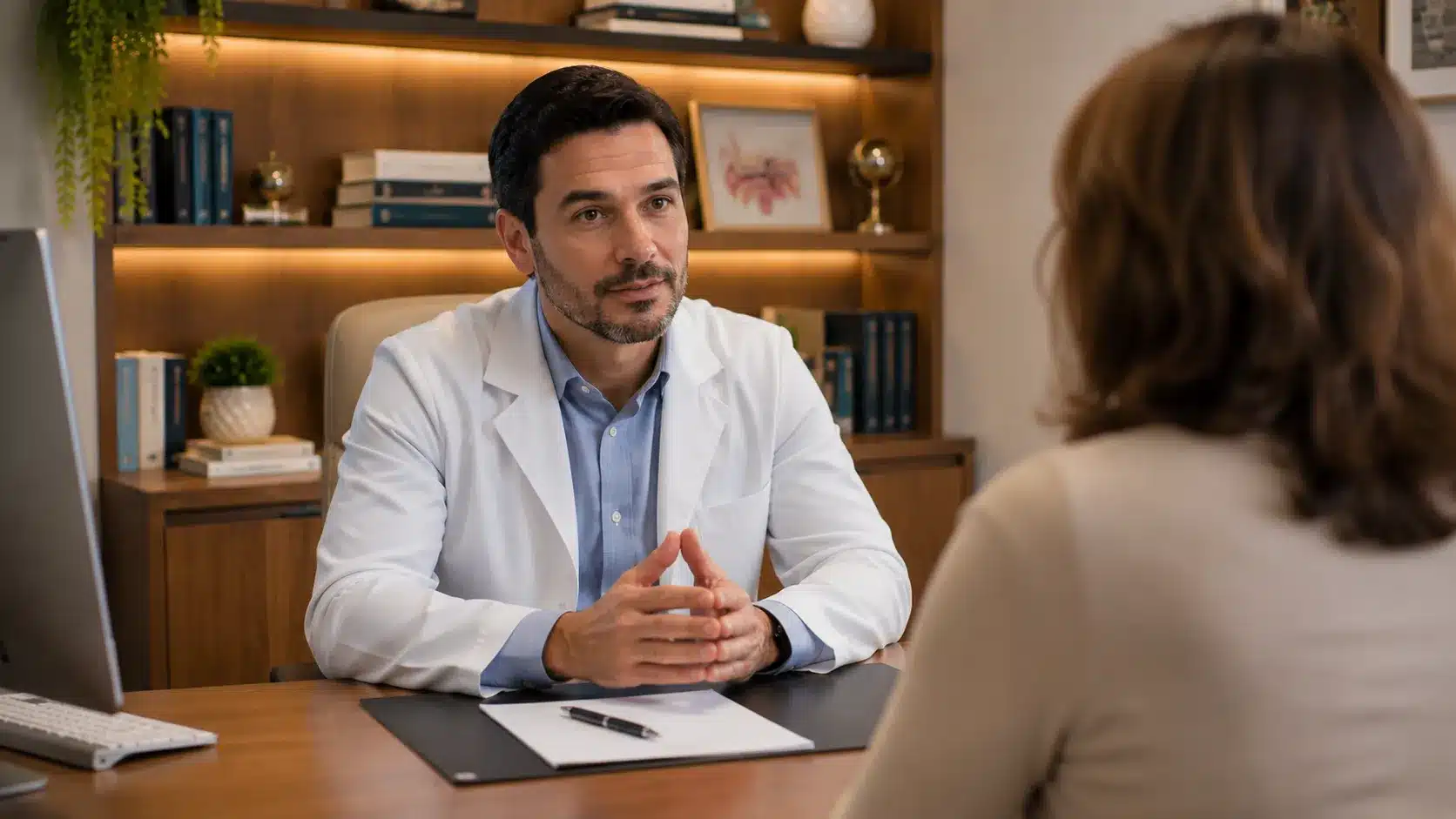 Paciente em consulta médica com expressão atenta, representando o momento de receber e questionar um diagnóstico de ansiedade