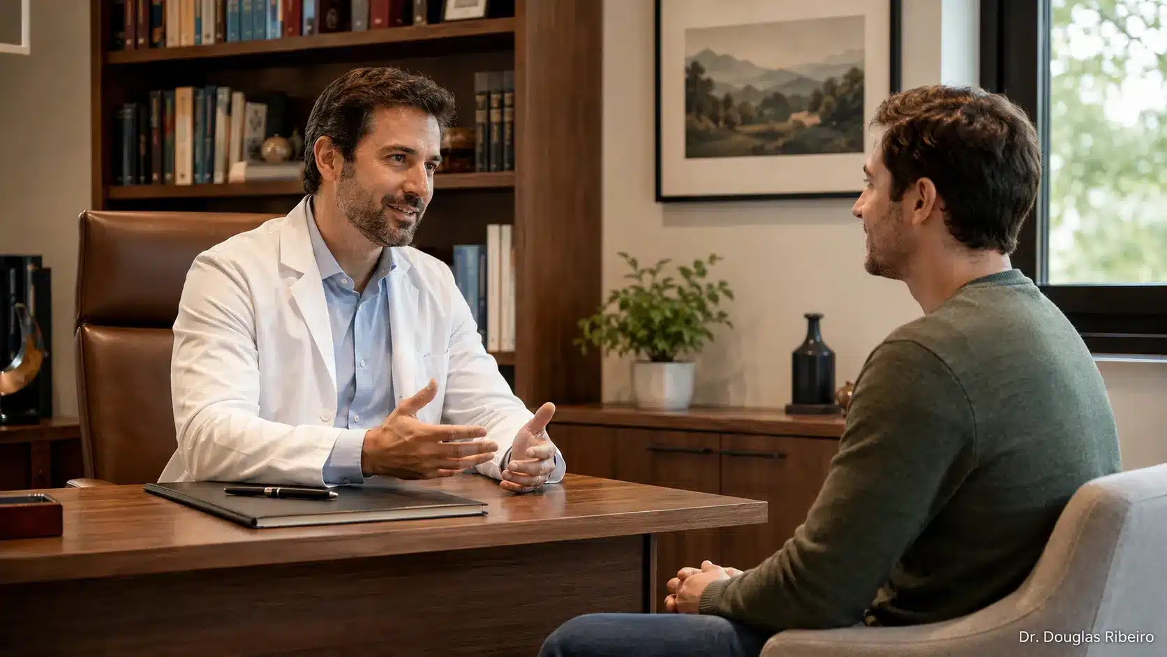 Médico e paciente em conversa tranquila em consultório particular, representando uma consulta agendada e não emergencial para investigação de tontura