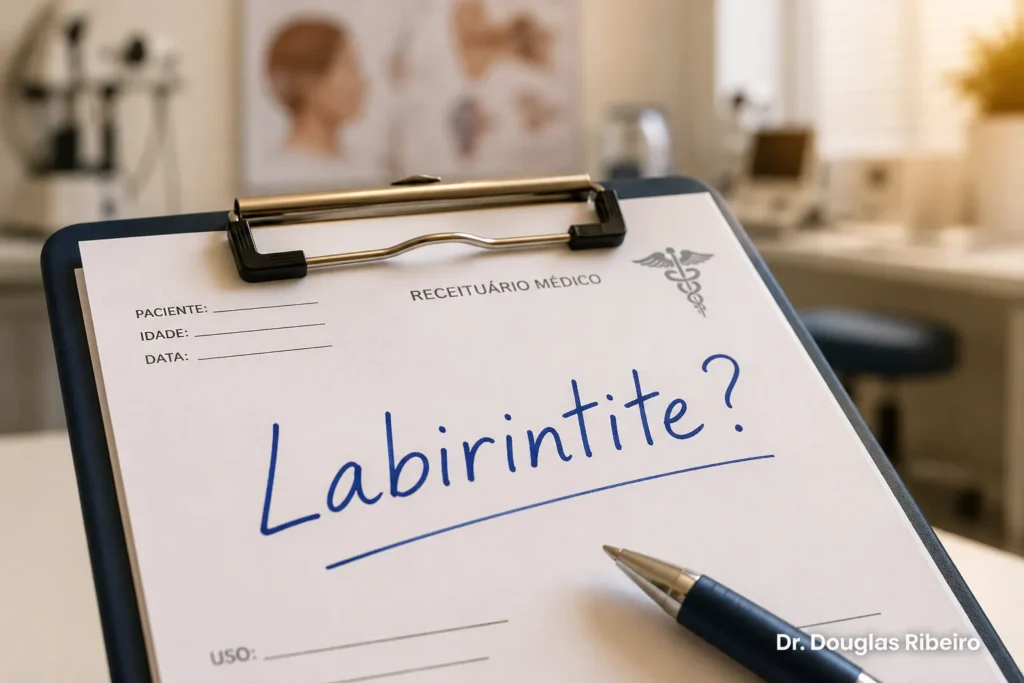 Prontuário médico com 'Labirintite?' escrito à mão, representando a dúvida sobre a correção desse diagnóstico
