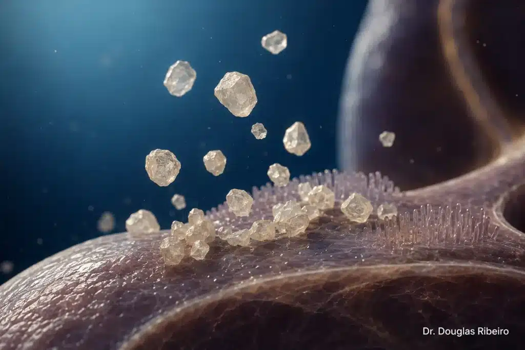 Macro de cristais de calcita formando-se sobre superfície rochosa, evocando os otólitos que podem se desprender novamente e causar recorrência do VPPB"