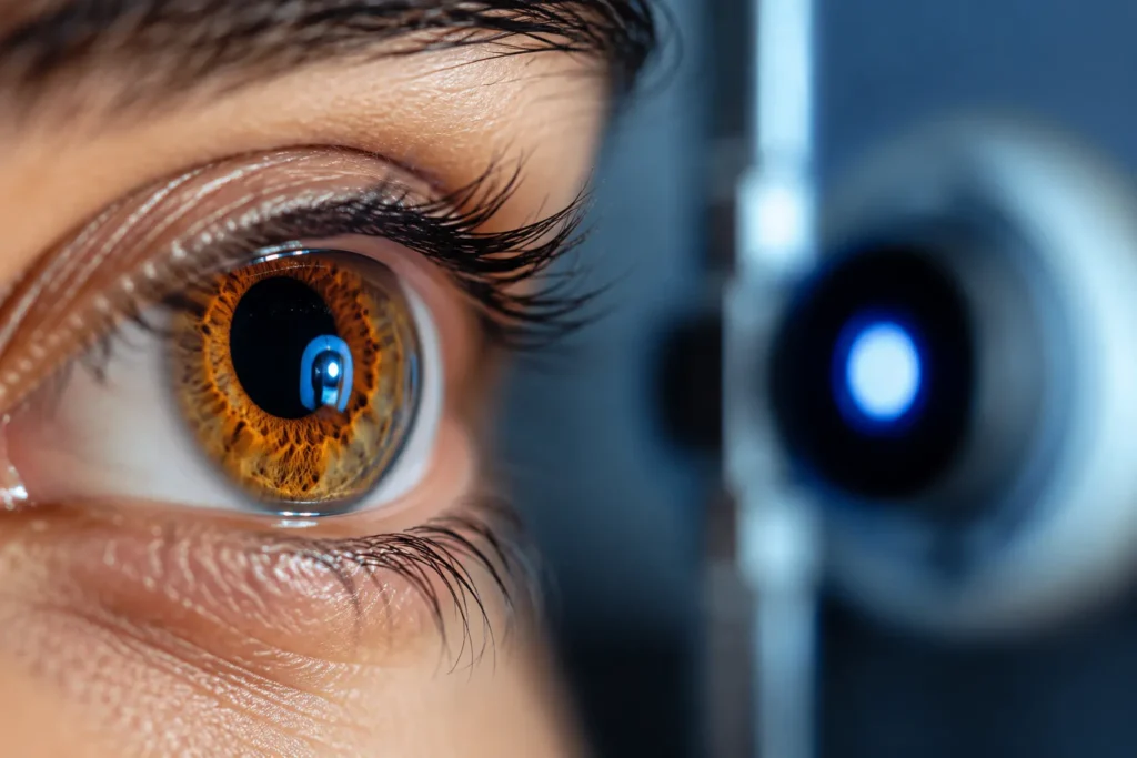 Macro de olho humano com reflexo de luz, representando o exame de videonistagmografia que registra o movimento dos olhos