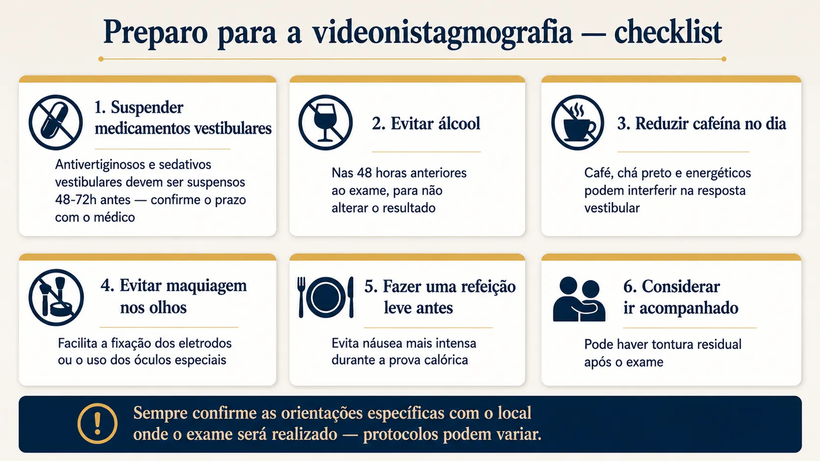Checklist com seis cuidados de preparo antes da videonistagmografia: suspender medicamentos vestibulares, evitar álcool e cafeína, evitar maquiagem nos olhos, fazer refeição leve e considerar ir acompanhado