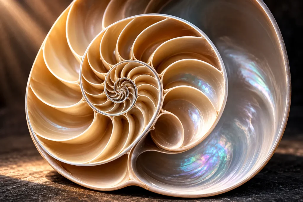Macro de concha em corte transversal revelando estrutura espiral interna, representando a anatomia do labirinto e seus exames