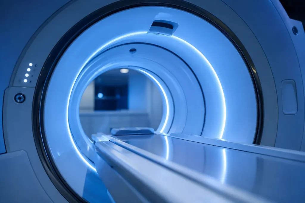 Interior de máquina de ressonância magnética com anéis iluminados em azul, representando o exame de imagem na investigação da tontura"