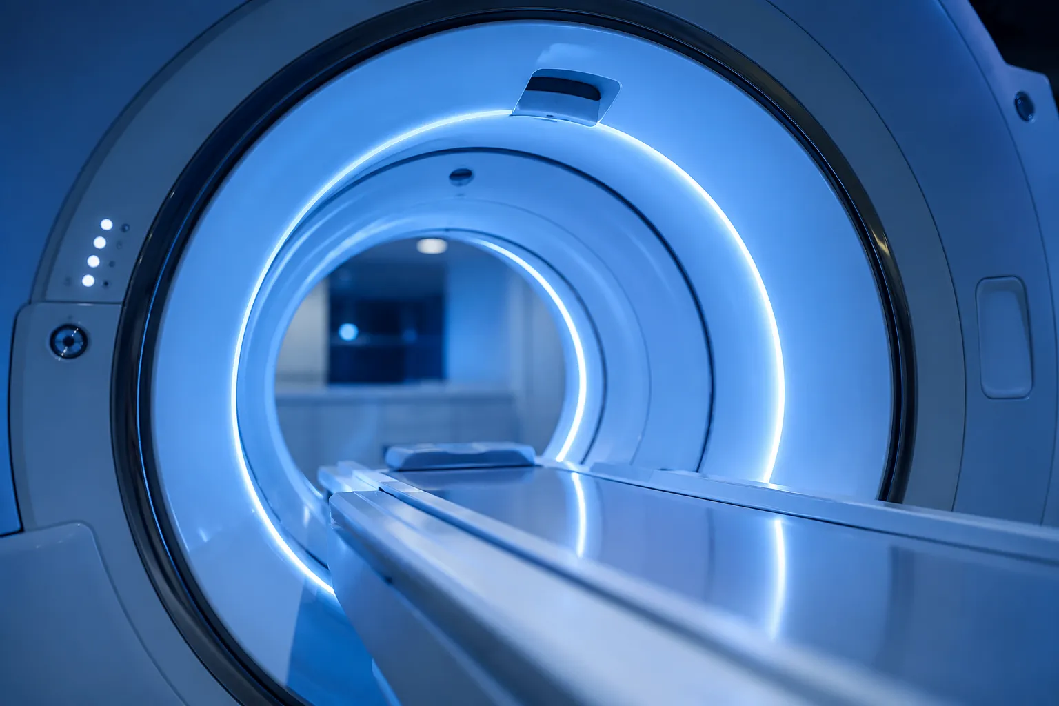 Interior de máquina de ressonância magnética com anéis iluminados em azul, representando o exame de imagem na investigação da tontura"