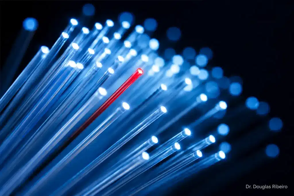 Macro de fibras ópticas em azul com uma fibra apagada, representando a inflamação do nervo vestibular na neurite vestibular