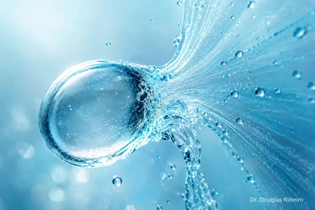 Macro de gota d'água pressionando membrana translúcida, representando o hidrops endolinfático da doença de Ménière