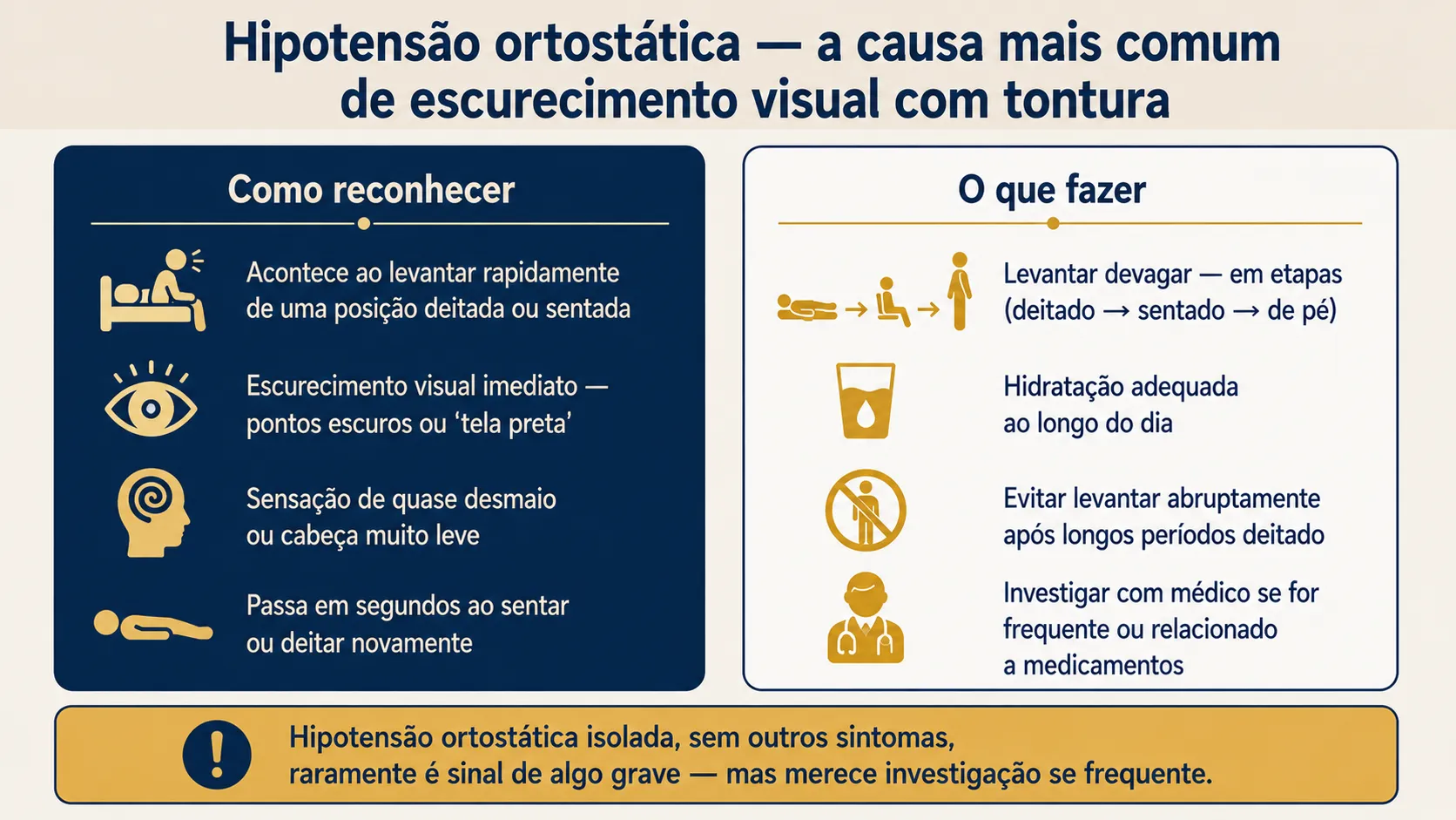 Infográfico com dois blocos sobre hipotensão ortostática: como reconhecer o padrão de escurecimento visual ao levantar e o que fazer para prevenir e manejar os episódios