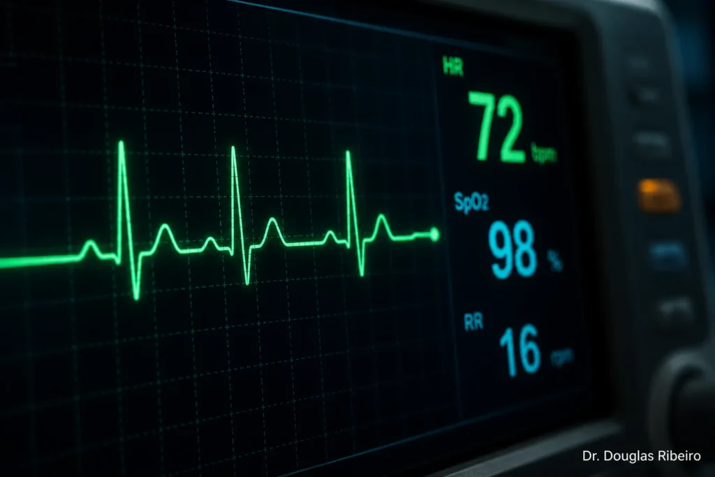 Monitor de frequência cardíaca com linha de pulso, representando a relação entre causas cardiovasculares e tontura associada a desmaio
