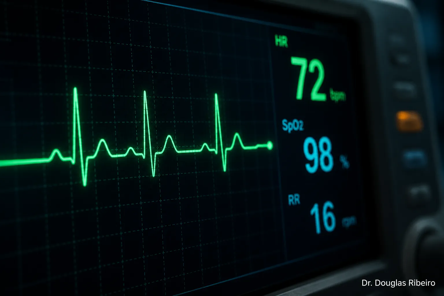 Monitor de frequência cardíaca com linha de pulso, representando a relação entre causas cardiovasculares e tontura associada a desmaio