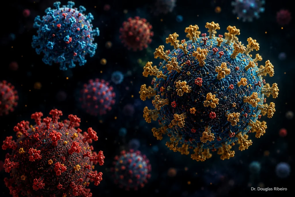 Renderização artística de partículas de vírus em cores azul e dourado sobre fundo escuro, representando infecções virais que podem causar tontura
