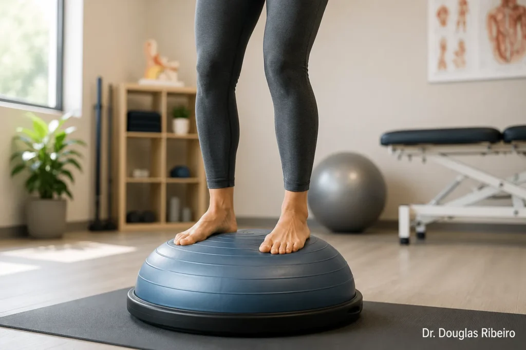 Pessoa em exercício de equilíbrio sobre superfície instável, representando a reabilitação vestibular como tratamento da tontura
