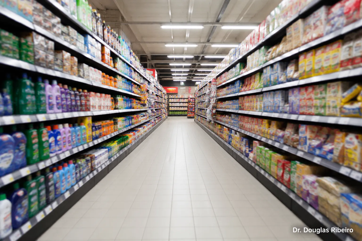Corredor de supermercado com prateleiras altas e luzes fluorescentes, representando o ambiente que desencadeia tontura em pessoas com hipersensibilidade visual vestibular
