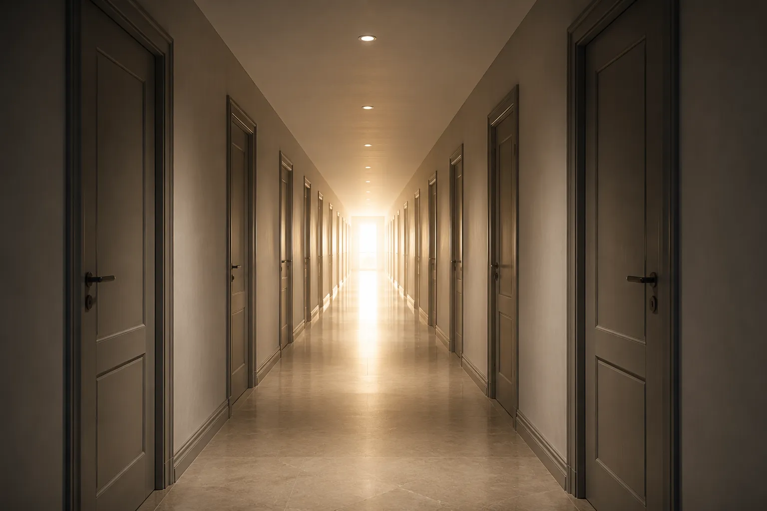 Corredor com várias portas fechadas e luz ao fundo, representando a jornada de quem passou por vários médicos buscando diagnóstico para a tontura