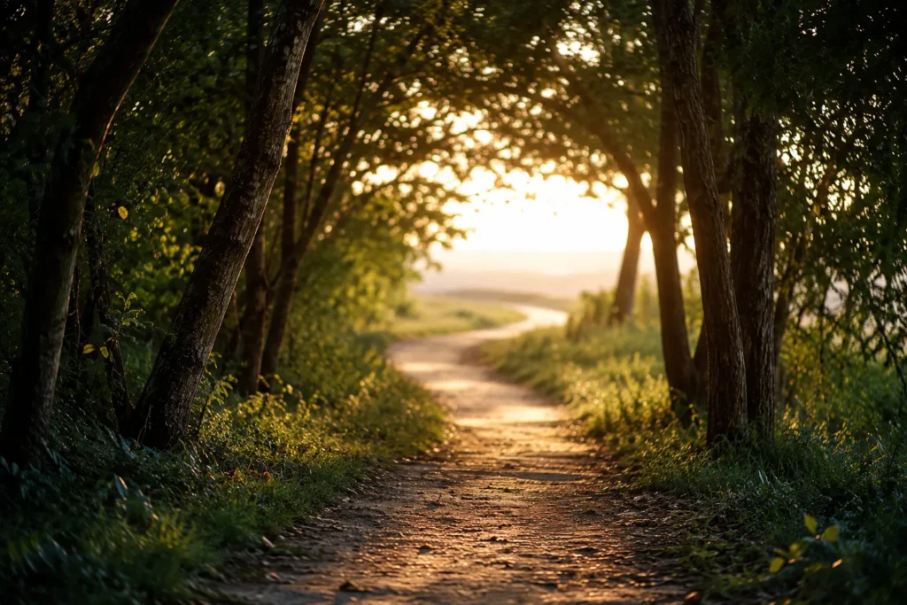 Caminho entre árvores com luz no horizonte, representando o caminho para a recuperação da tontura com diagnóstico e tratamento adequados