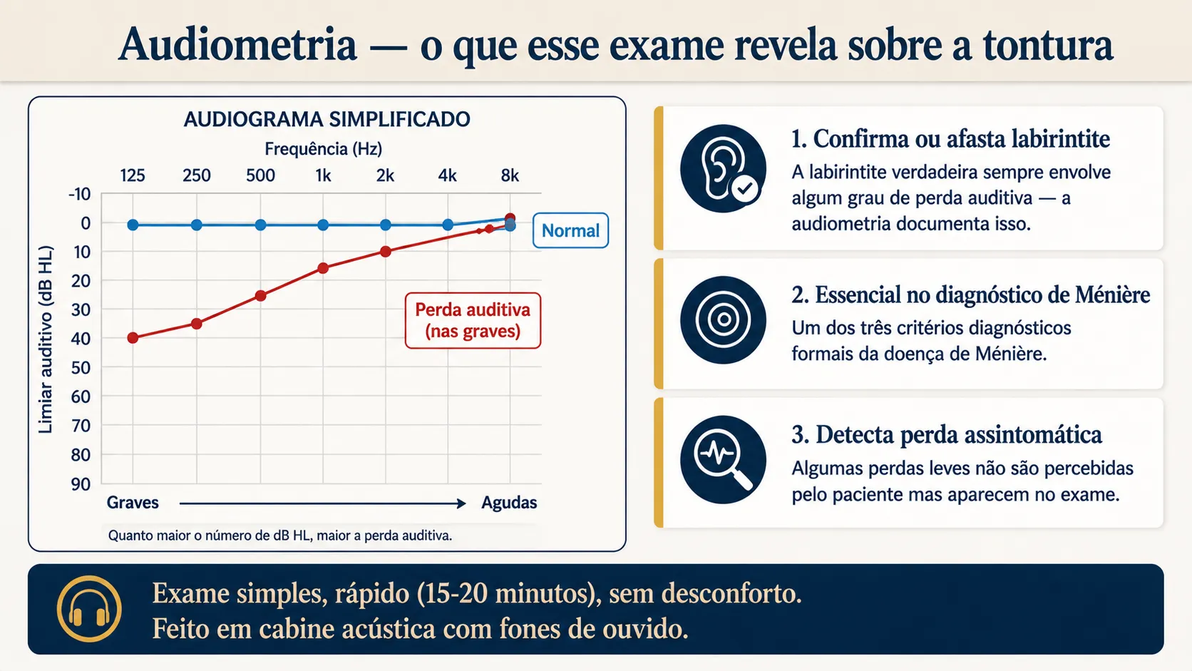 Diagrama mostrando um audiograma comparando audição normal com perda auditiva nas frequências graves, e a relevância clínica do exame para labirintite e doença de Ménière