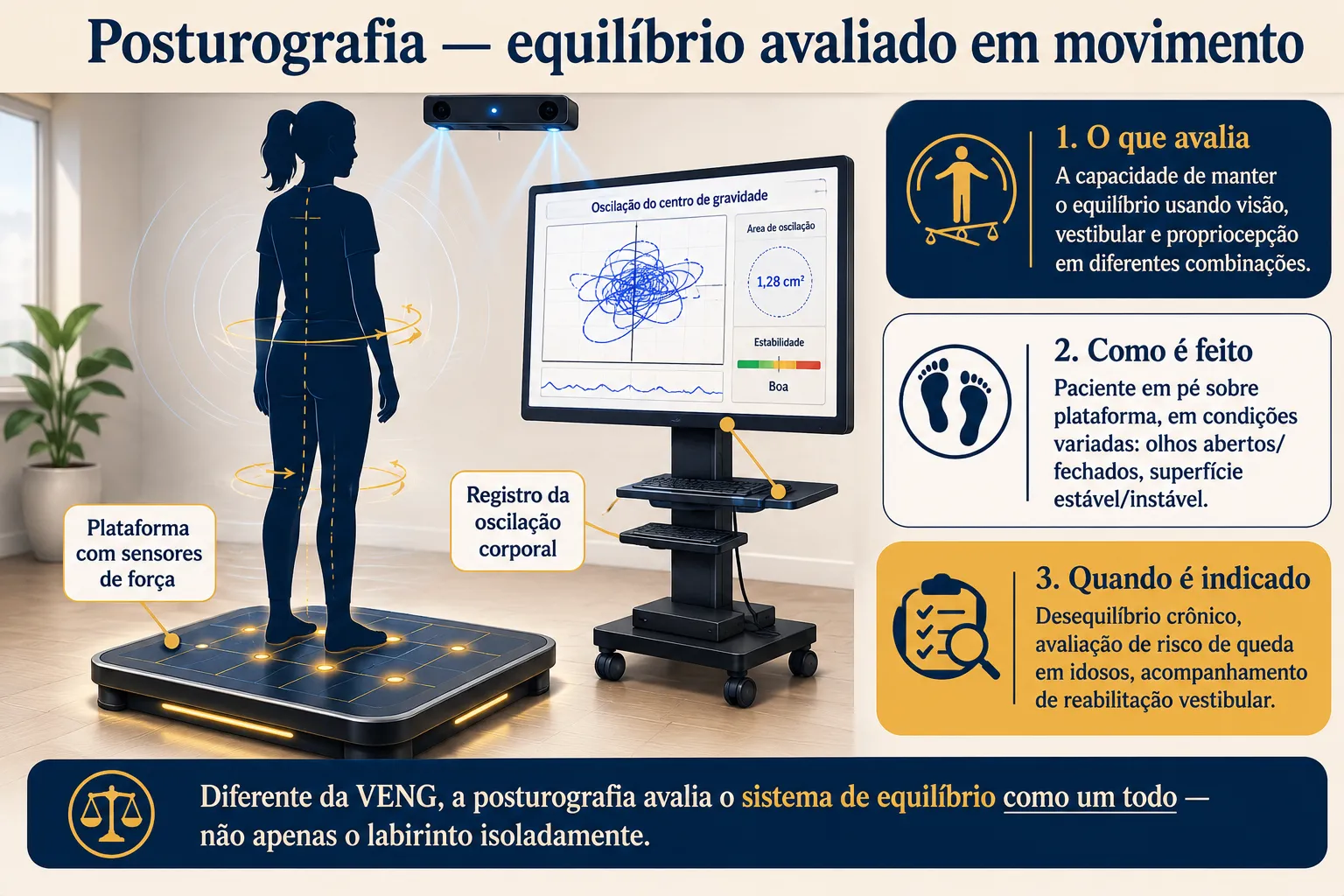 Ilustração do exame de posturografia: paciente em plataforma com sensores avaliando o equilíbrio corporal em diferentes condições visuais e de superfície