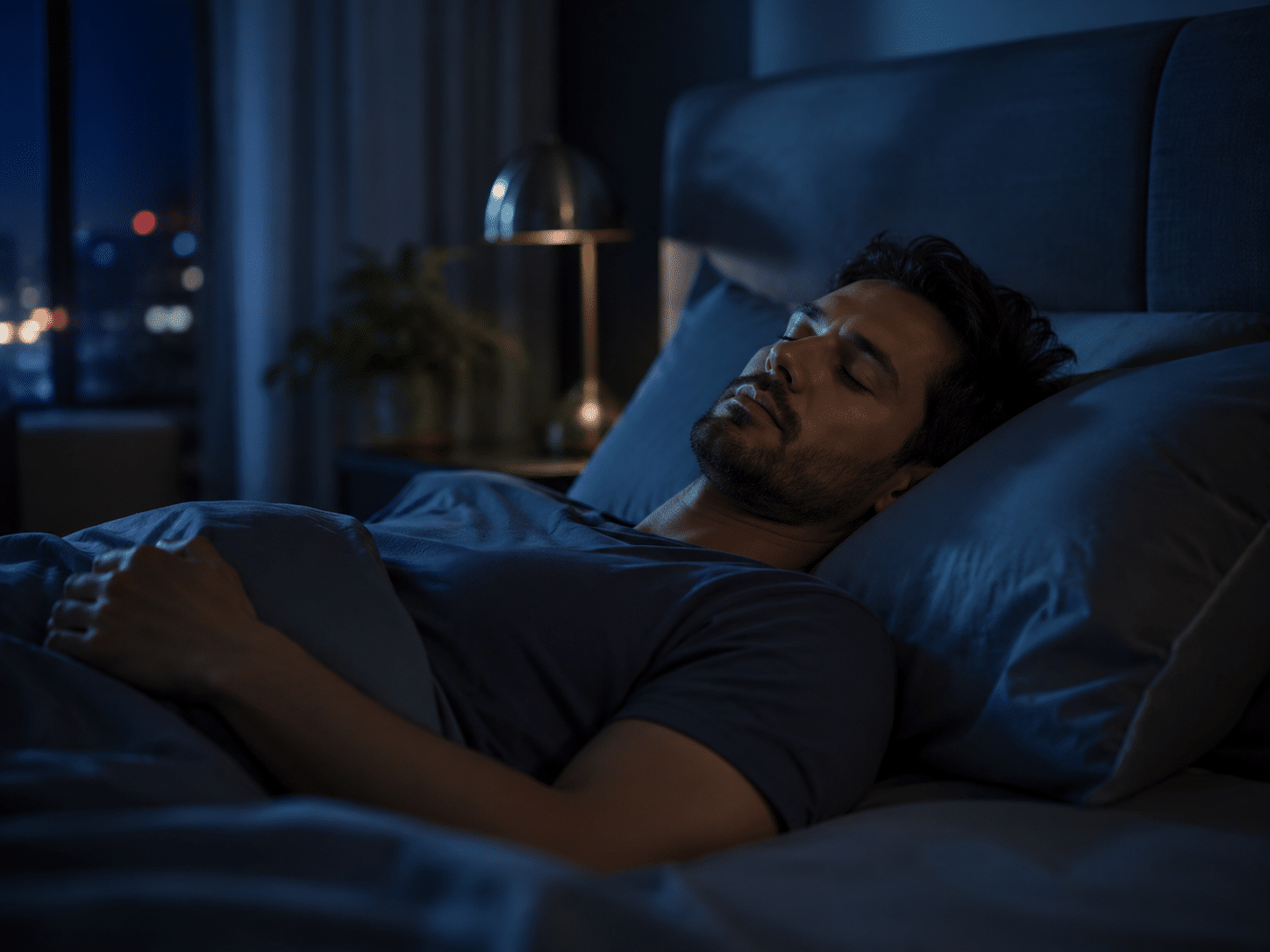 Homem dormindo à noite, tratamento de ronco e apneia do sono