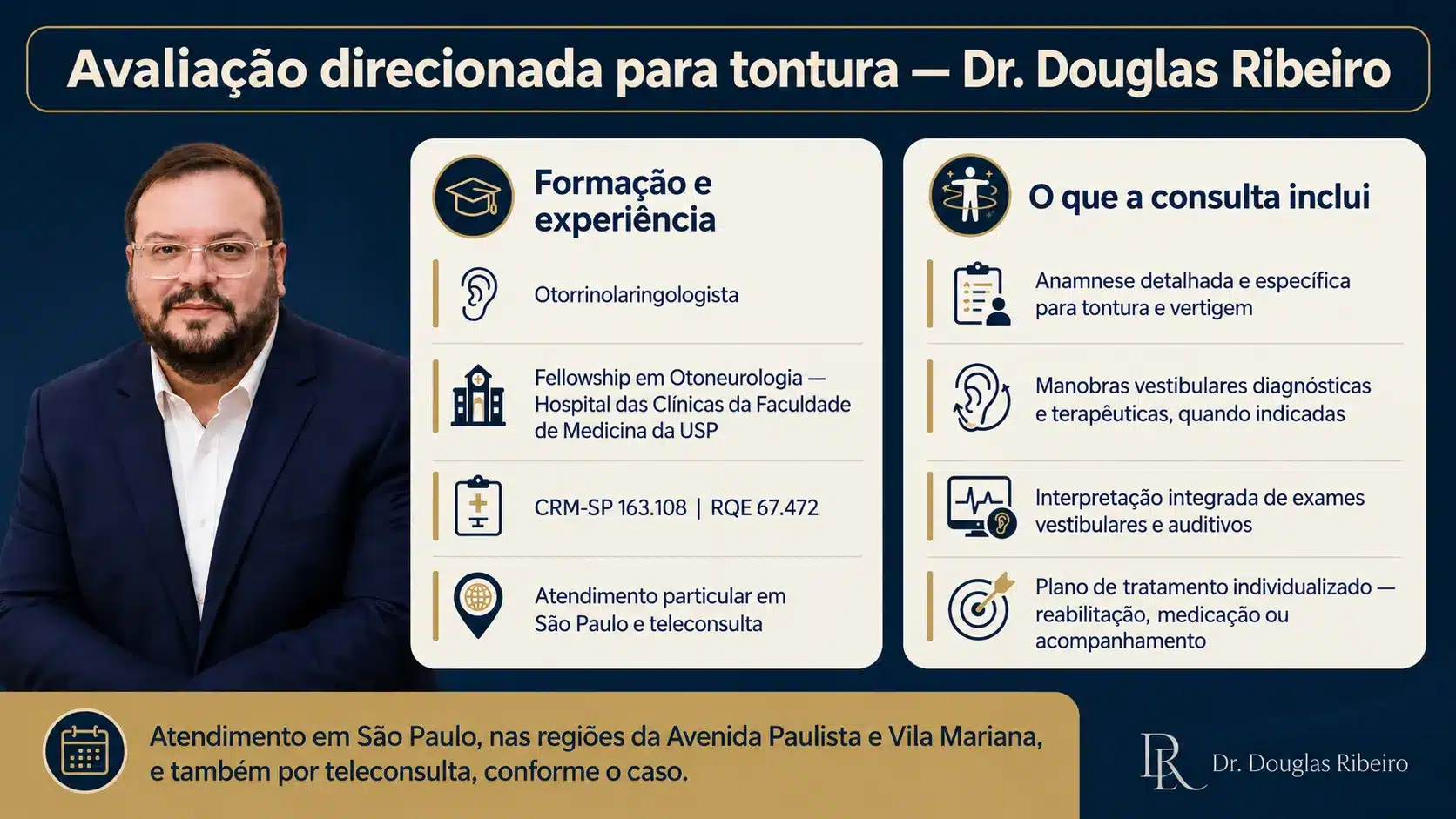 Dr. Douglas Ribeiro, otorrinolaringologista com fellowship em Otoneurologia, e resumo da avaliação para tontura em São Paulo.