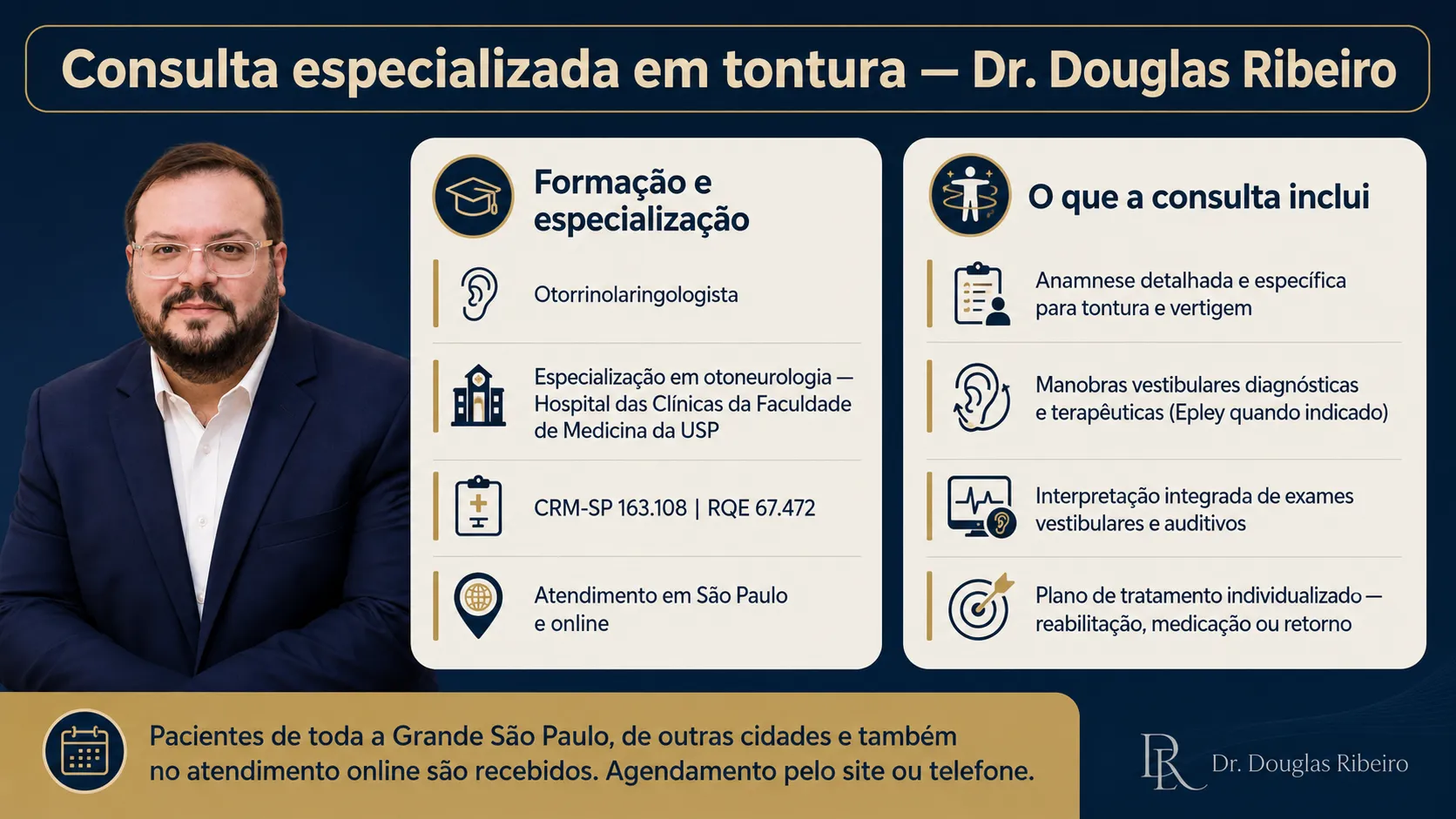 Infográfico apresentando a consulta especializada em tontura com o Dr. Douglas Ribeiro: formação em otoneurologia, CRM-SP 163.108, RQE 67.472, e o que a consulta inclui