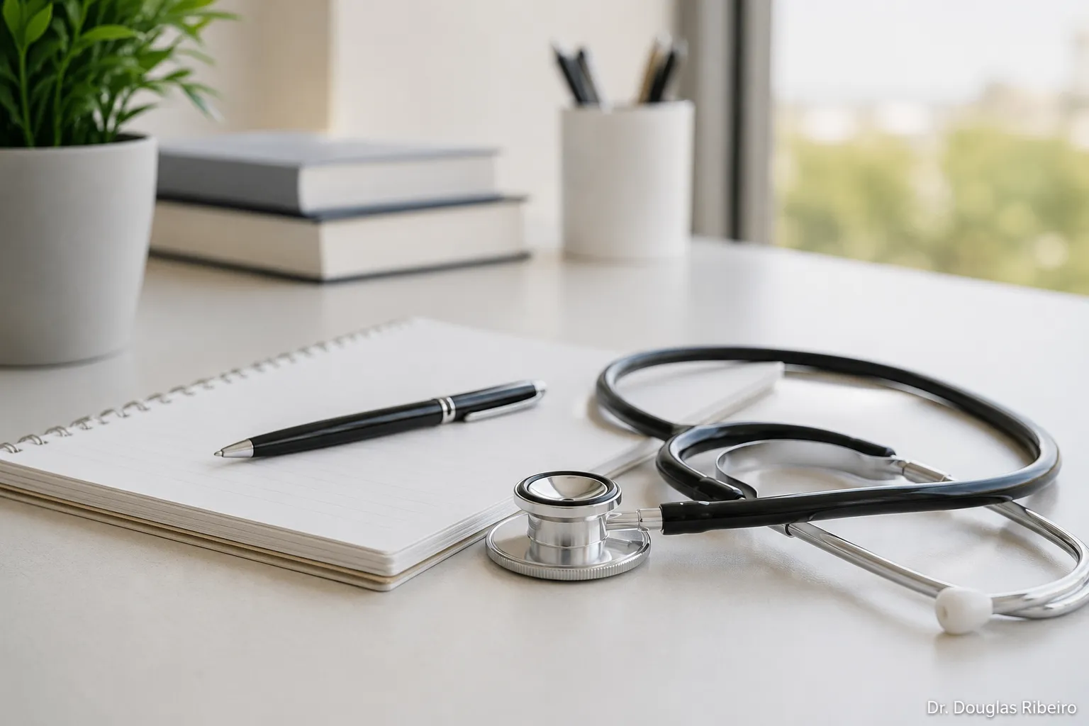 Mesa de consultório médico com bloco de anotações e estetoscópio, representando a consulta especializada para tontura"